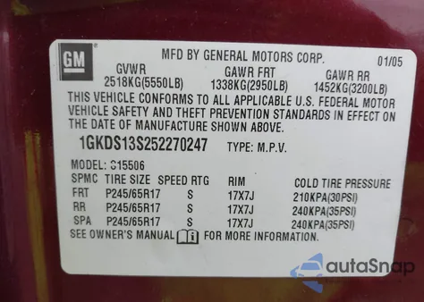 2005 GMC Envoy z USA, uszkodzony, nr VIN 1GKDS13S252270247